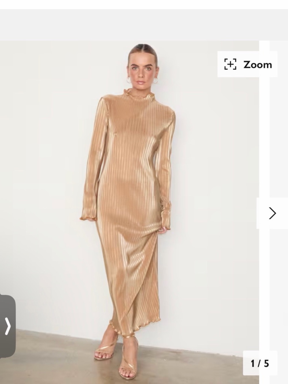 Never Fully Dressed Champagne Metallic Ribbed Long-Sleeve Midi Dress